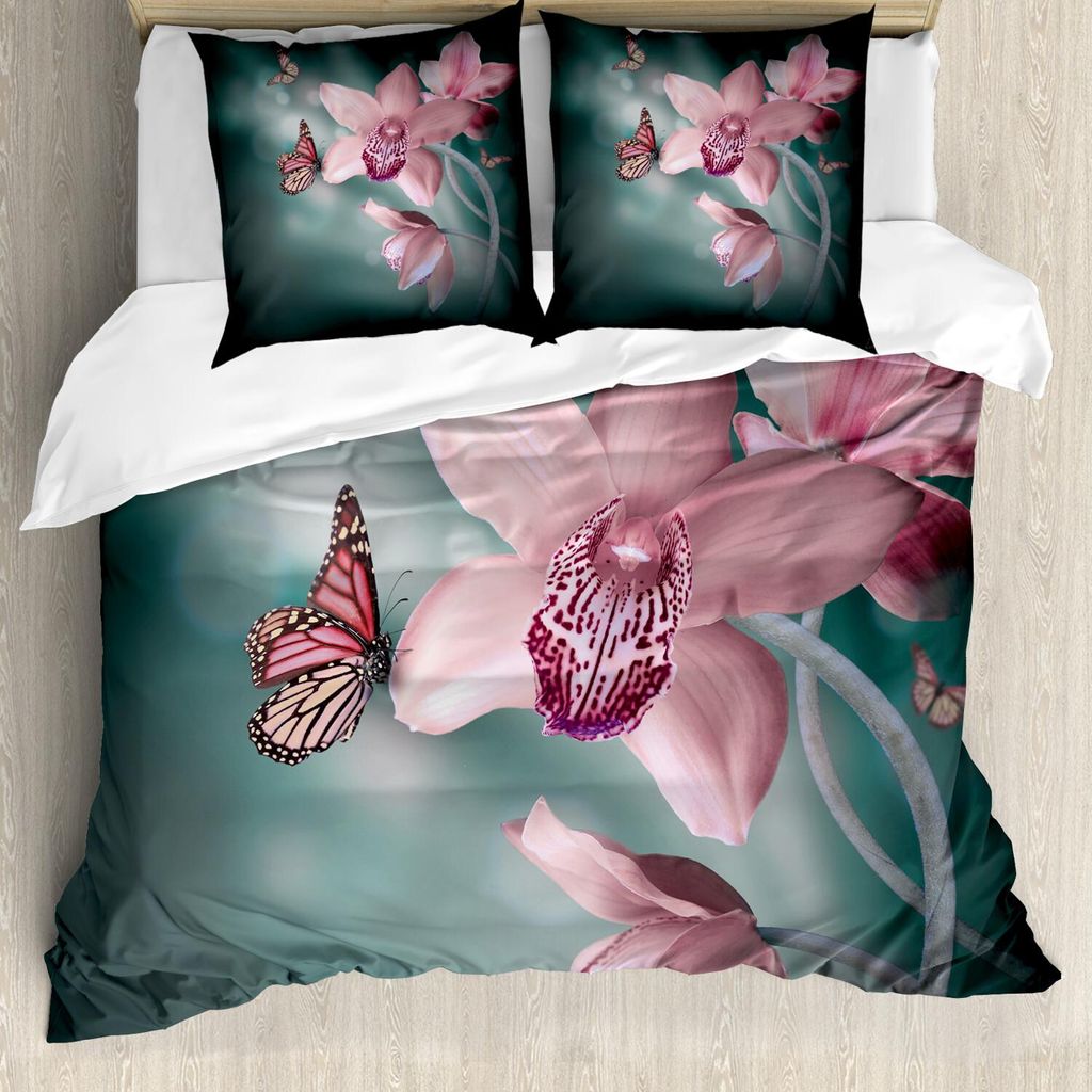 ABAKUHAUS Blumen Bettbezug Set, Fotographie der Natur Kunst makrolinsenaufnahme Schmetterling als Digitaldruck, 155 x 220 cm + 80 x 80 cm, Jadegrü...