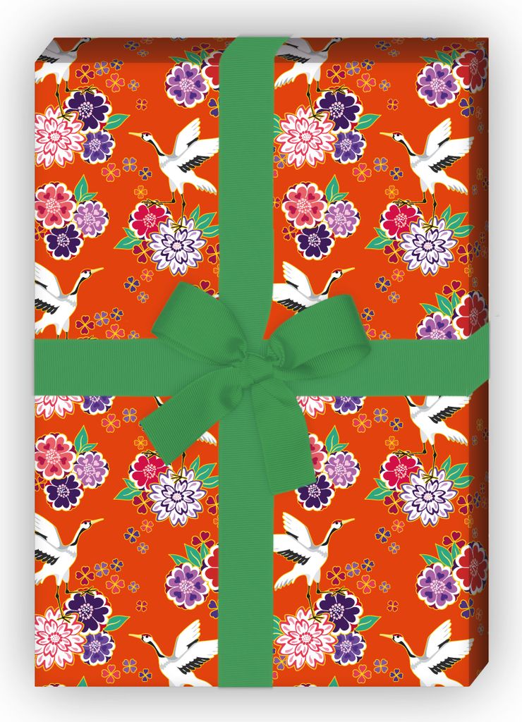 Blüten reiches Geschenkpapier mit Kranichen im asiatischen Stil, orange, - G8660, 32 x 48cm