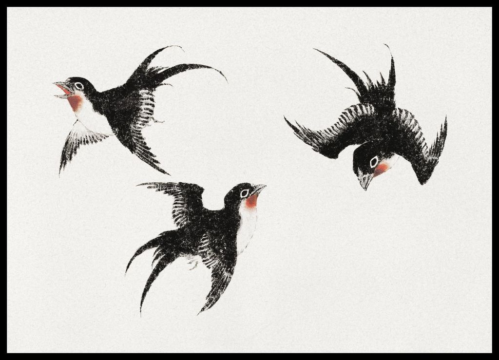 Plakat 70x50cm Vögel, Hokusai Japanisch Vintage für das Wohnzimmer