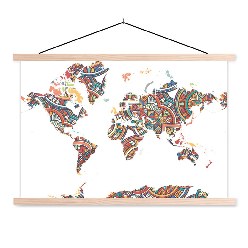 MuchoWow Textilposter Weltkarte - Dekoration - Farben 120x80 cm mit holzfarbenen Rahmen - Aufhängeset