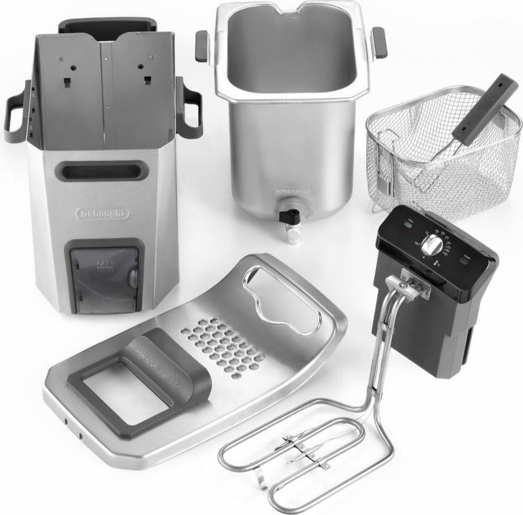 Various parts of a deep fryer are arranged on a white background.