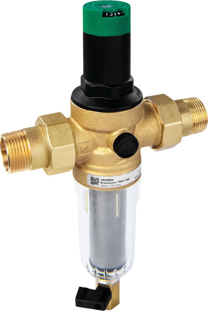 A product shot of a water filter and pressure regulator.