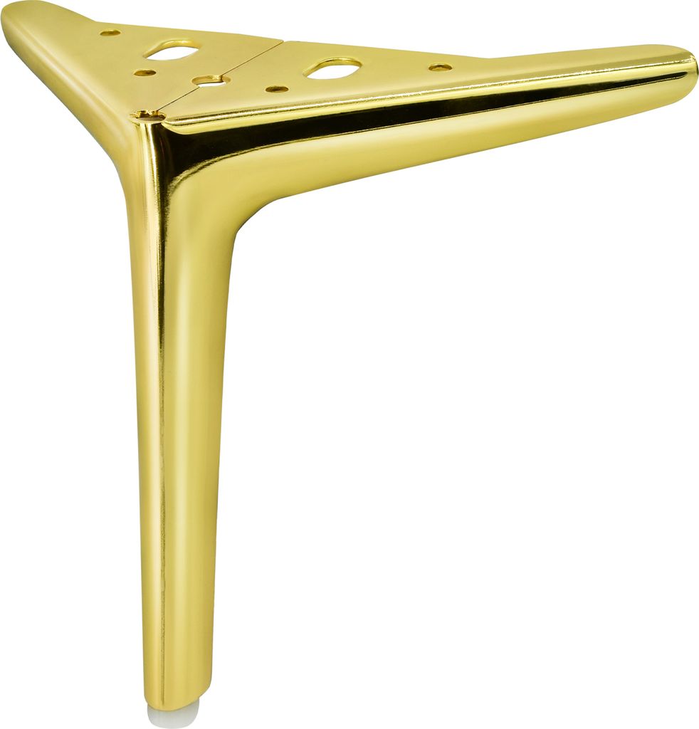 A single gold-colored furniture leg with a triangular mounting plate.