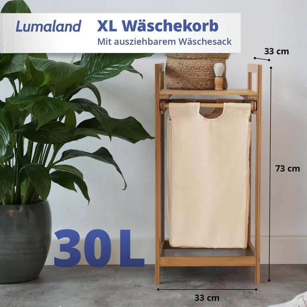 Lumaland Panier à Linge en Bambou avec Sac Extensible 73 x 33 x 33 cm - 2