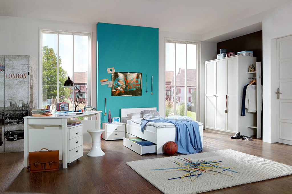 Jugendzimmer komplett Set mit 90x200cm Bettgestell in weiß FABRIZIO-43, 8-teilig