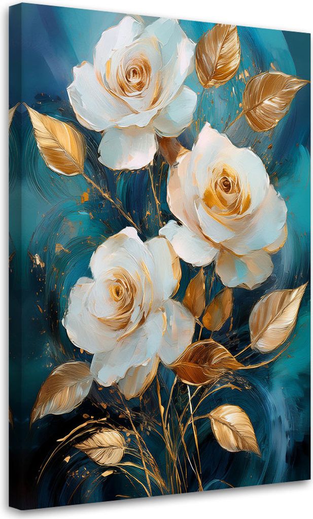 Leinwandbild Weiße und goldene Rosenblüten auf blauem Hintergrund 80x120 Feeby Türkis bild für die wand bereit zum aufhängen
