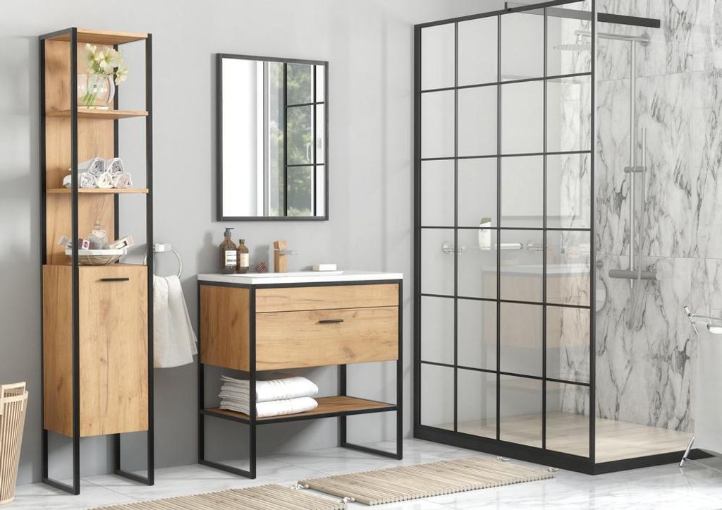 Waschtischunterschrank 70 Cm Eiche Craft Mit Schwarzem Metallrahmen Loft