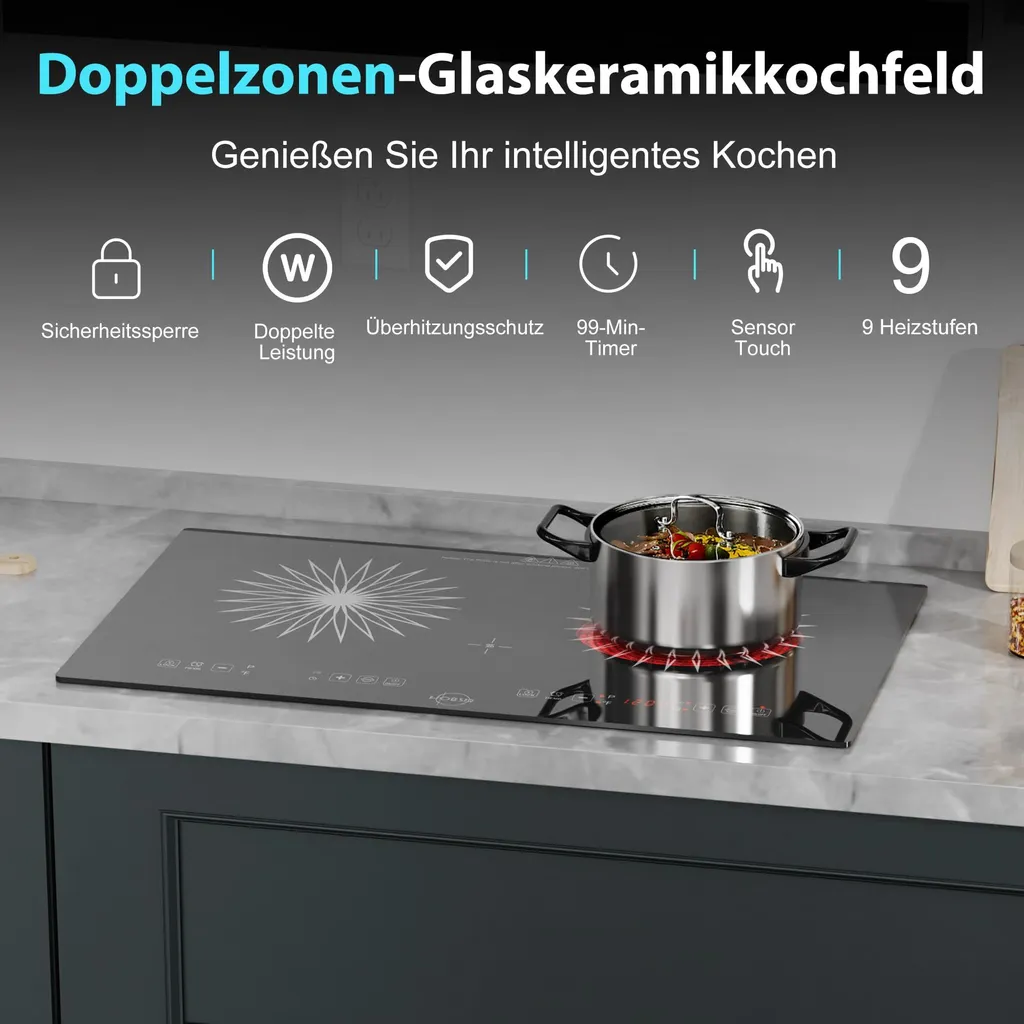 Plan de cuisson vitrocéramique à double zone de chauffage noir 3000W - 4