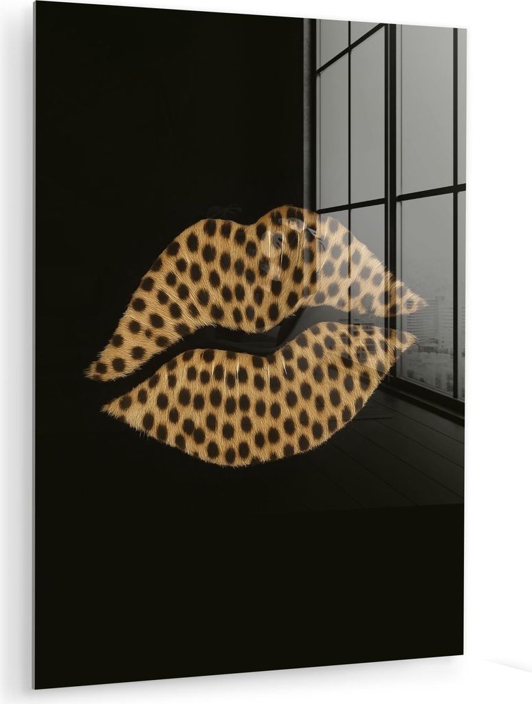 MuchoWow Glasbilder - Bilder auf Wandbild - Foto auf Glas Lippen - Schwarz - Pantherdruck 30x40 cm Wanddekoration aus Glas - Acrylglasbild - Acrylb...