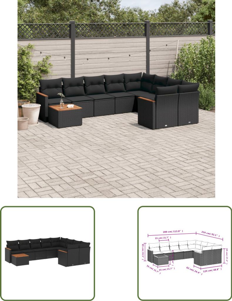 The Living Store 10-tlg. Garten-Sofagarnitur mit Kissen Schwarz Poly Rattan
