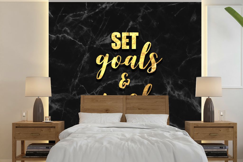 MuchoWow Fototapete für Wohnzimmer oder Schlafzimmer Wandtapete Vinyl Motivtapete Zitat - Motivation - Marmor - Gold - 350x350 cm - Schlafzimmer...