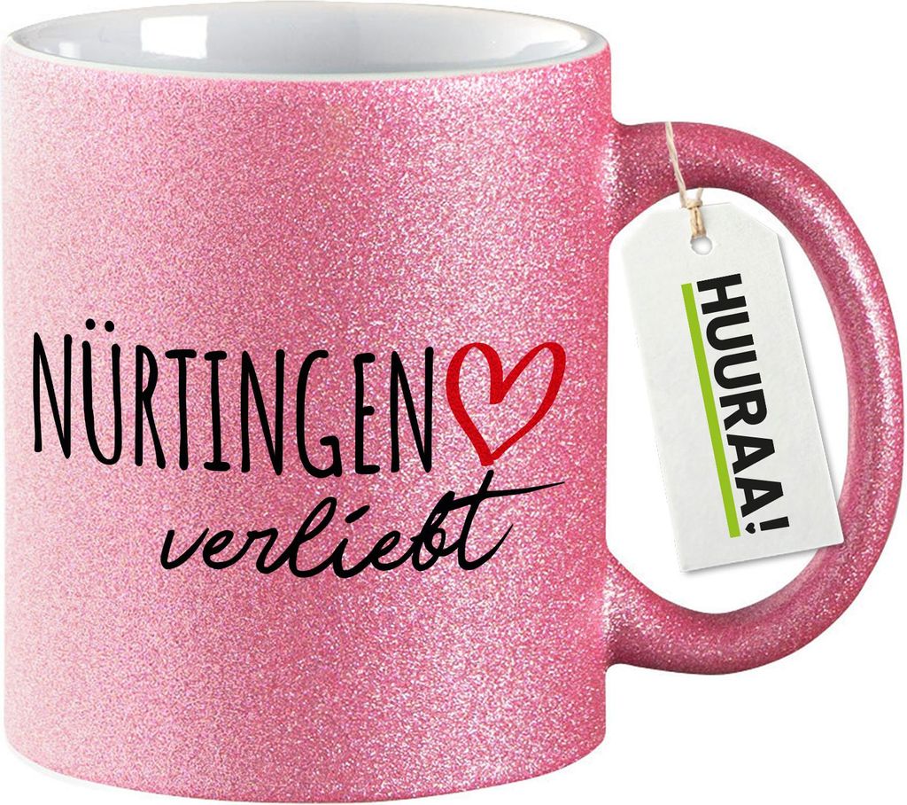 Huuraa Glitzertasse Nürtingen verliebt 330ml Pink Keramik Kaffeebecher Geschenkidee