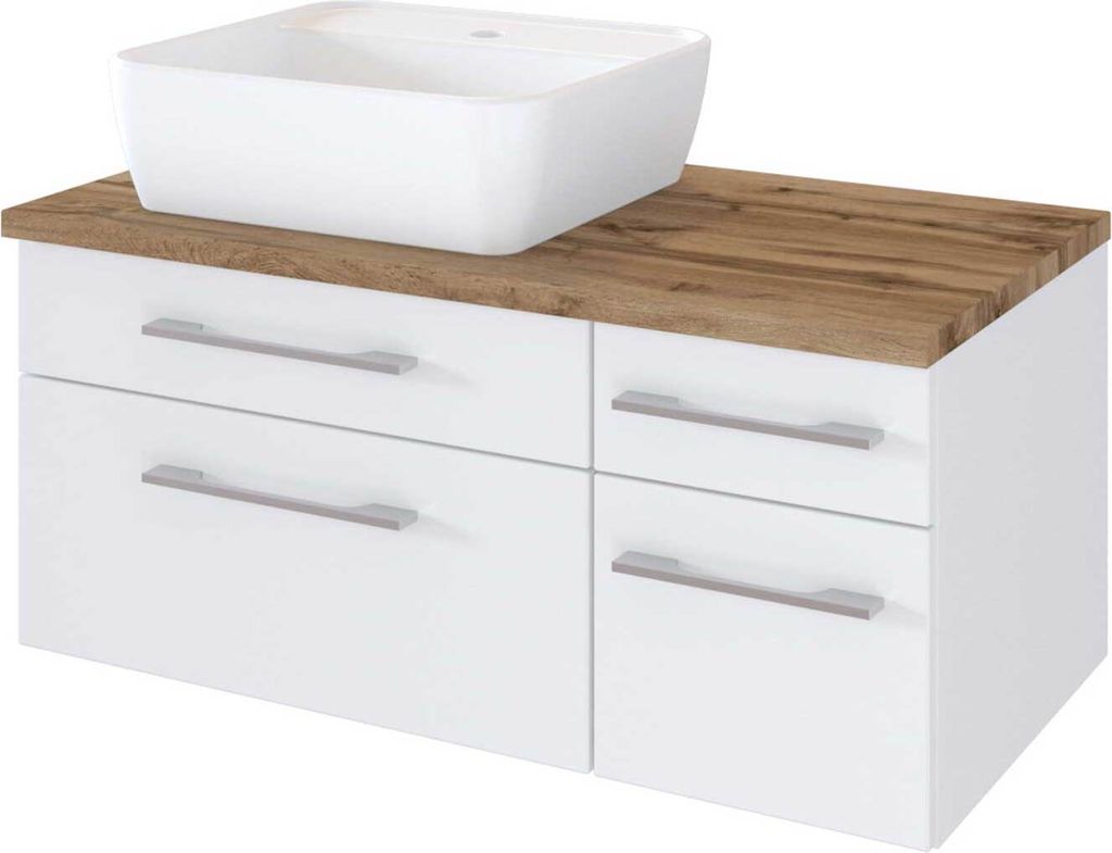 Waschtisch-Unterschrank 90cm mit Siphonausschnitt Links inkl. Keramik Waschbecken TAREE-03 in matt weiß, B/H/T: 90/55/47cm