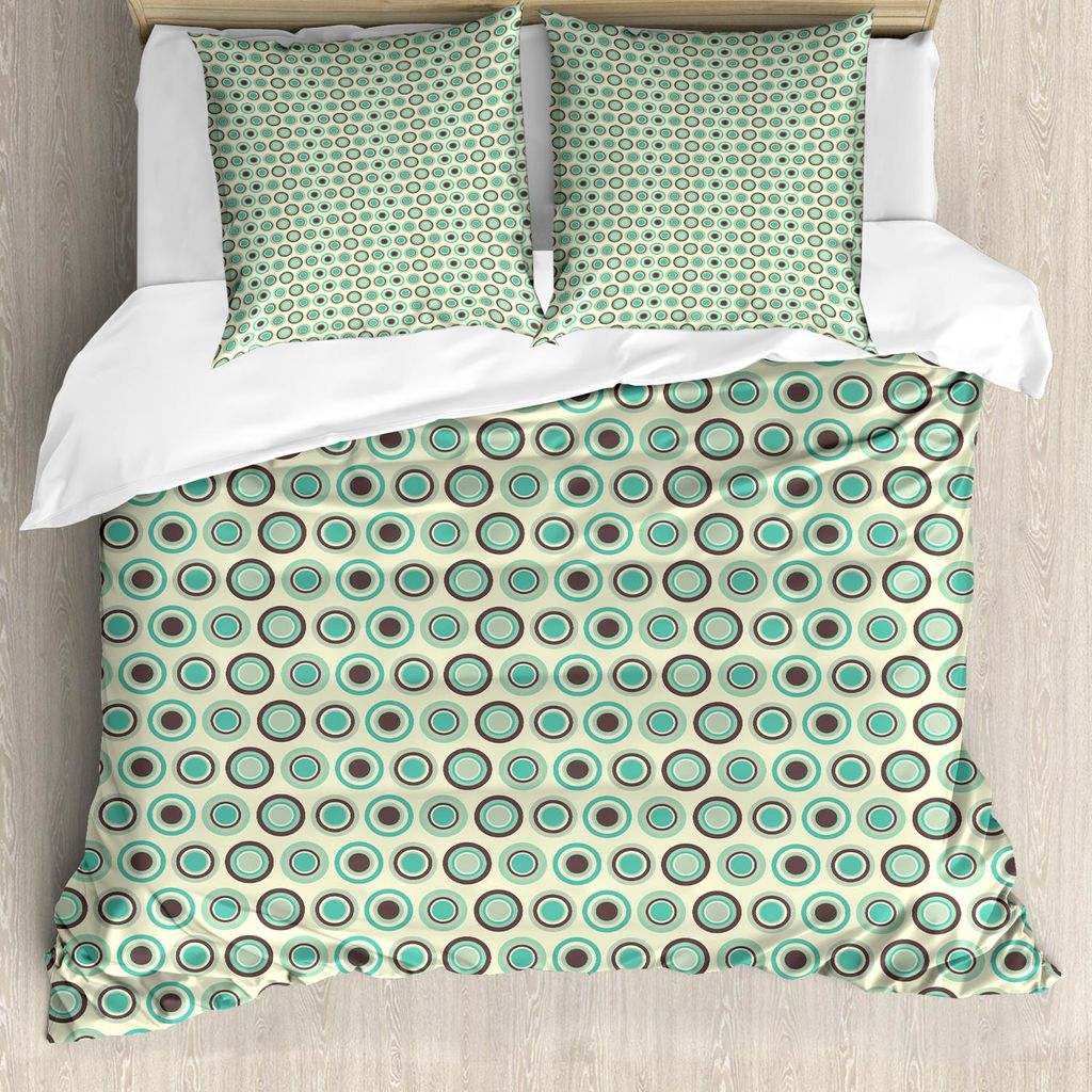 ABAKUHAUS Retro Bettbezug Set, Tupfenmuster in Pastellfarben Altmodische Fliesen-Ring-Formen, 155 x 220 cm + 80 x 80 cm, Dunkler Taupe Mint Green