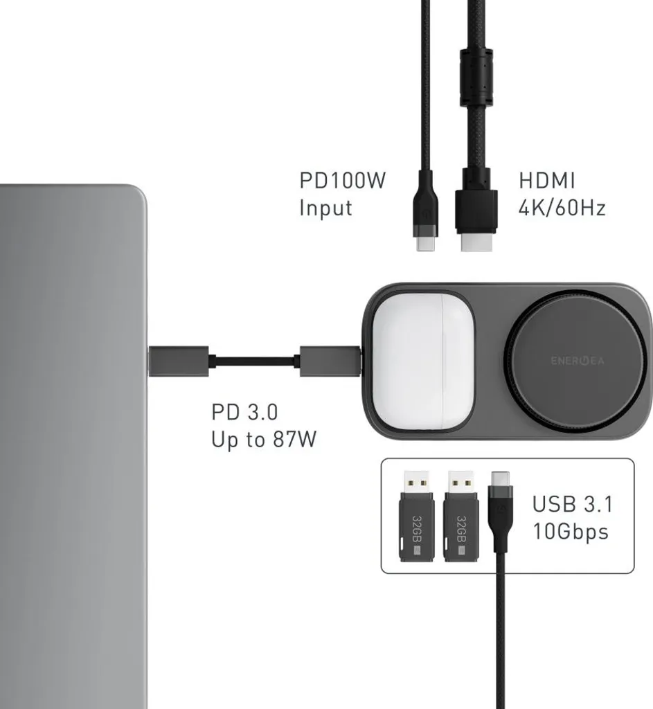 Dock USB-C Energea avec Chargeur Qi2 7-en-1 WiDock Plus Graphite Pro - 4