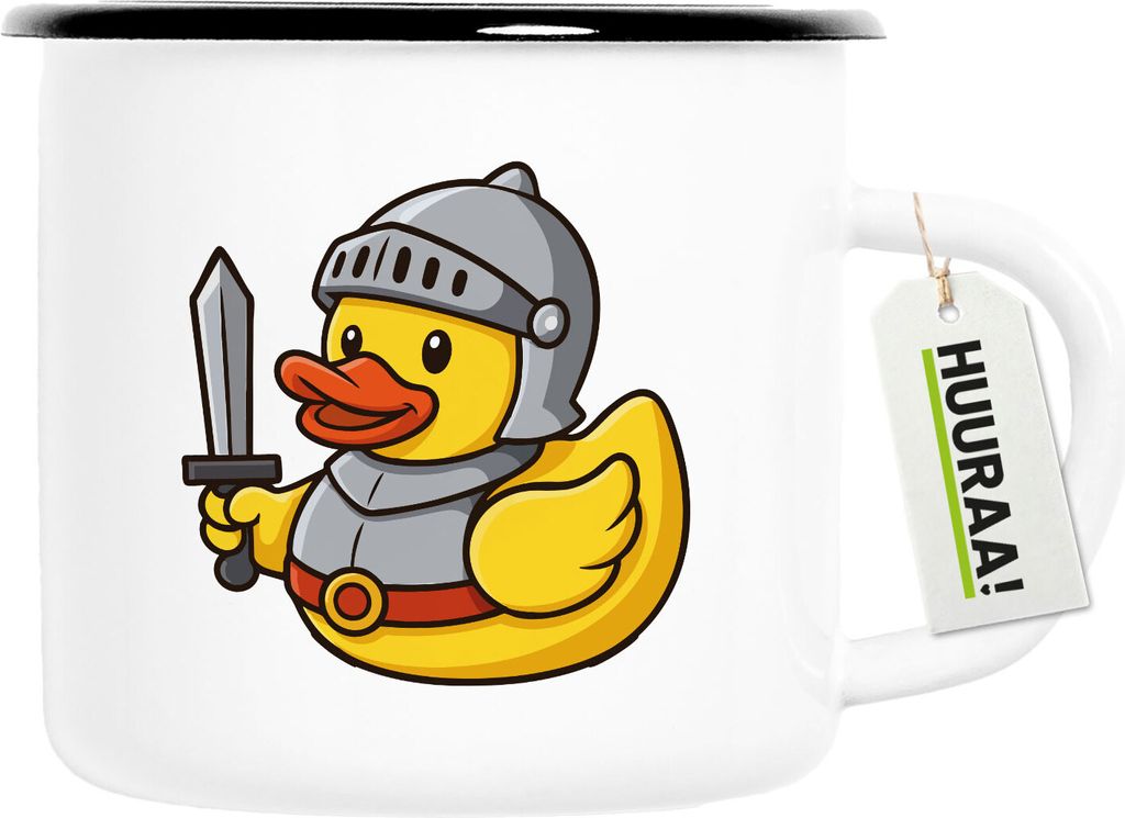 Huuraa Emaille Tasse Quietscheente Ritter Gummiente Mittelalter 300ml Vintage Campingbecher Geschenkidee