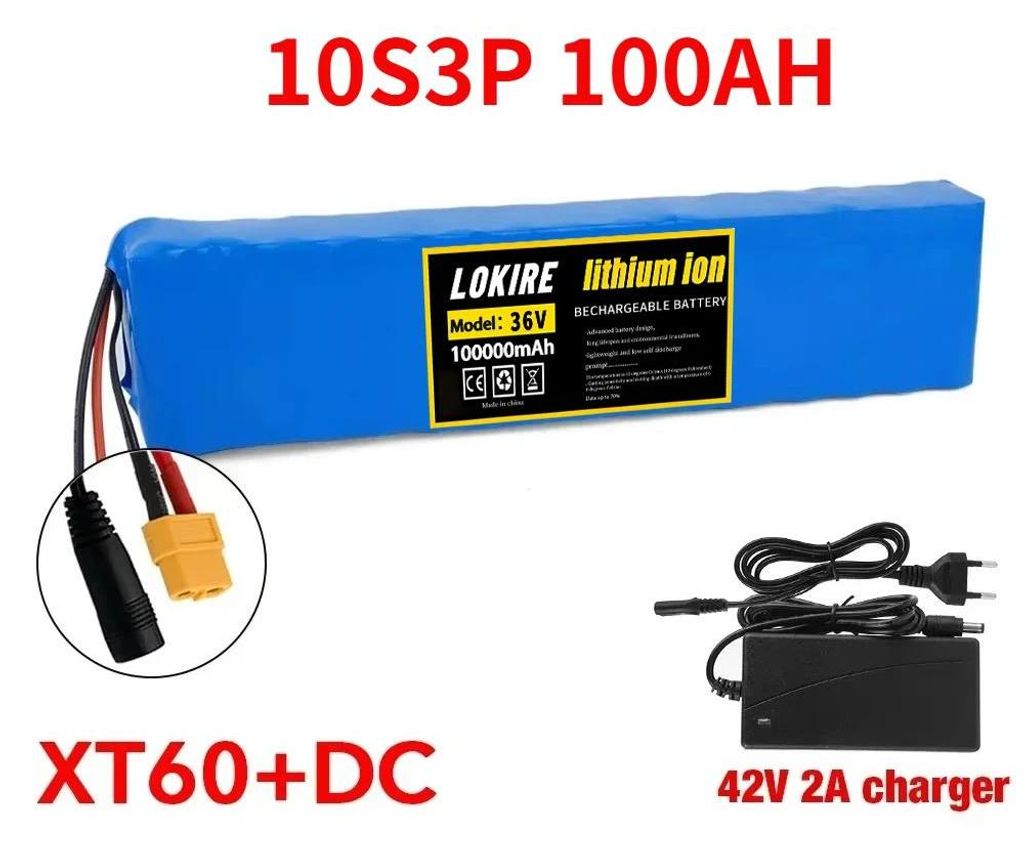 36V 100Ah Lithium Akku - 10S3P 18650 Akku Pack - Für E-Scooter - Mit BMS Schutz - 1000W Leistung - XT60 DC Anschluss mit Ladegerät
