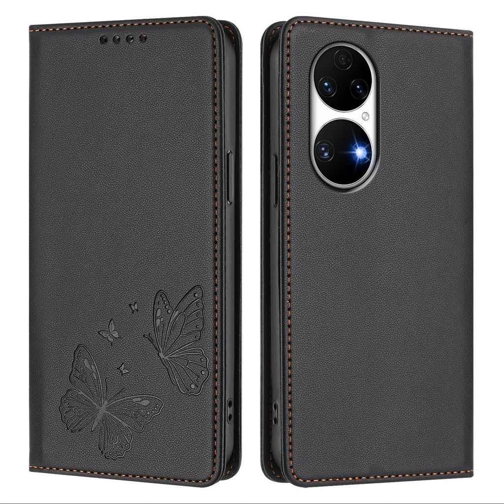 Lederhülle für Huawei P50, Schmetterling Prägung Leder Brieftasche Schutzhülle mit Ständer Schwarz