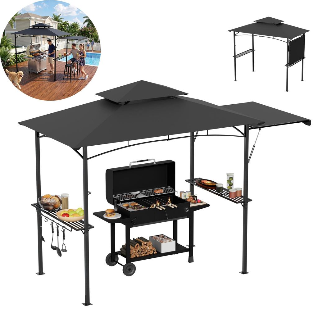 XINZI BBQ Unterstand Grillpavillon mit Seitenvordach & Doppeldach, UV-beständiger Stabiler Stahlrahmen für Garten & Terrasse (Grau)
