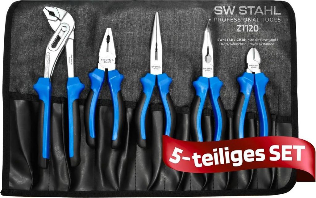 SW-Stahl Z1120 Zangensatz 5-teilig I Kombizange klein I Seitenschneider klein I Wasserpumpenzange 240mm I Telefonzange gerade I Telefonzange geboge...