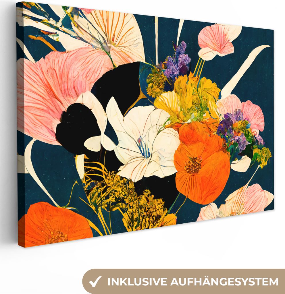 MuchoWow - Leinwandbilder - Blumen - Vase - Malerei - Pflanzen, Wandbild, Wanddeko Bilder Wohnzimmer, 120x80 cm