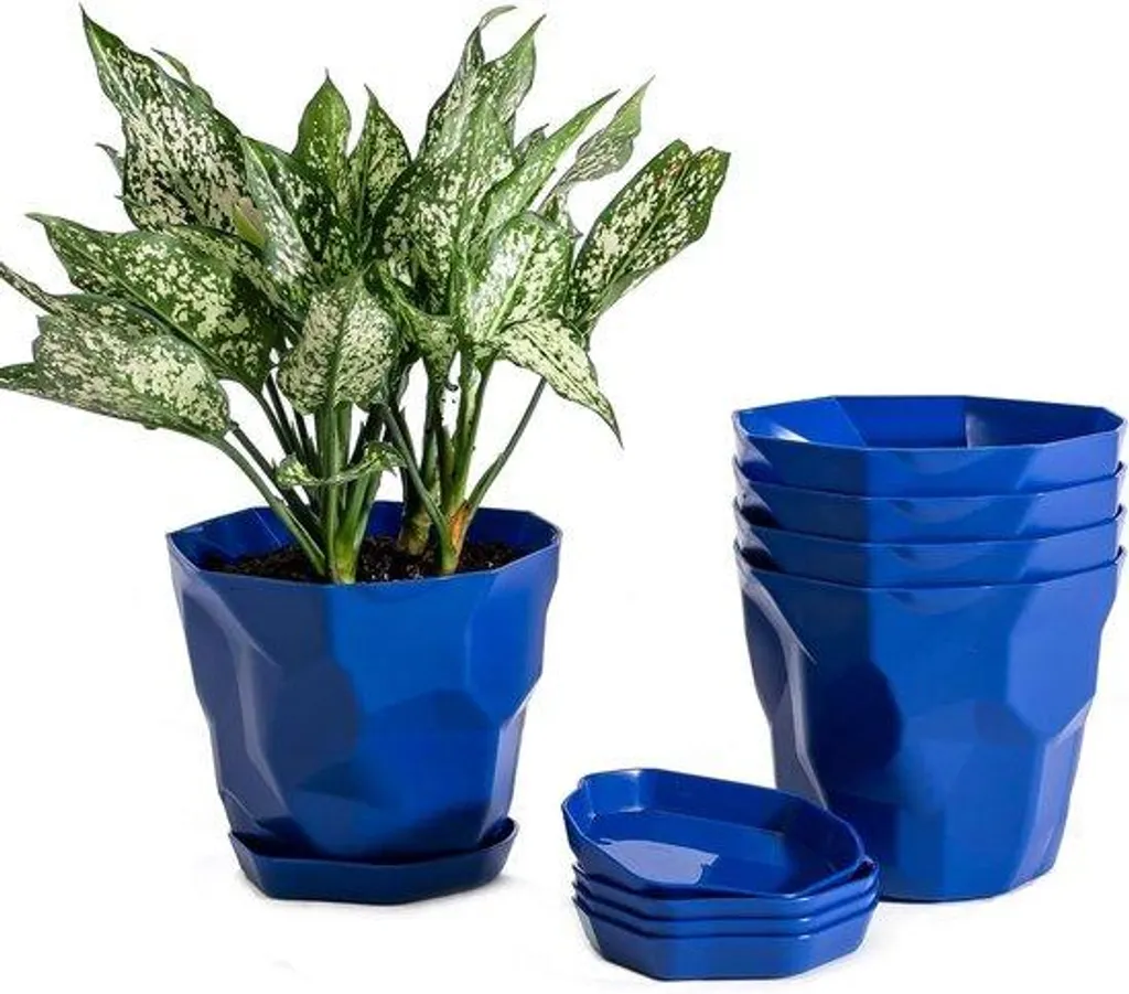 Lot de 5 Pots de Fleurs en Plastique Bleu Style Scandinave avec Socle