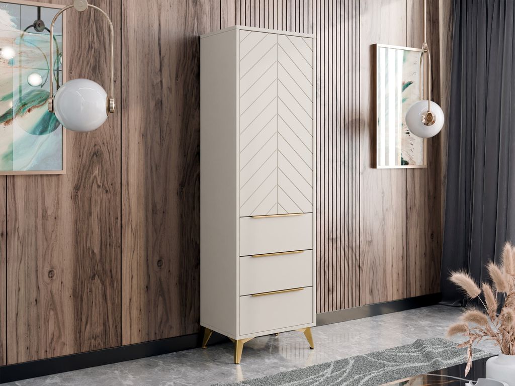 A tall, narrow cabinet with a chevron pattern on the doors and three drawers, set against a wood-paneled wall with decorative lighting.