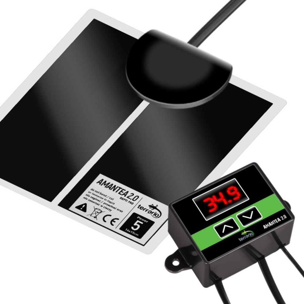 A heating mat and its thermostat controller are shown against a white background.