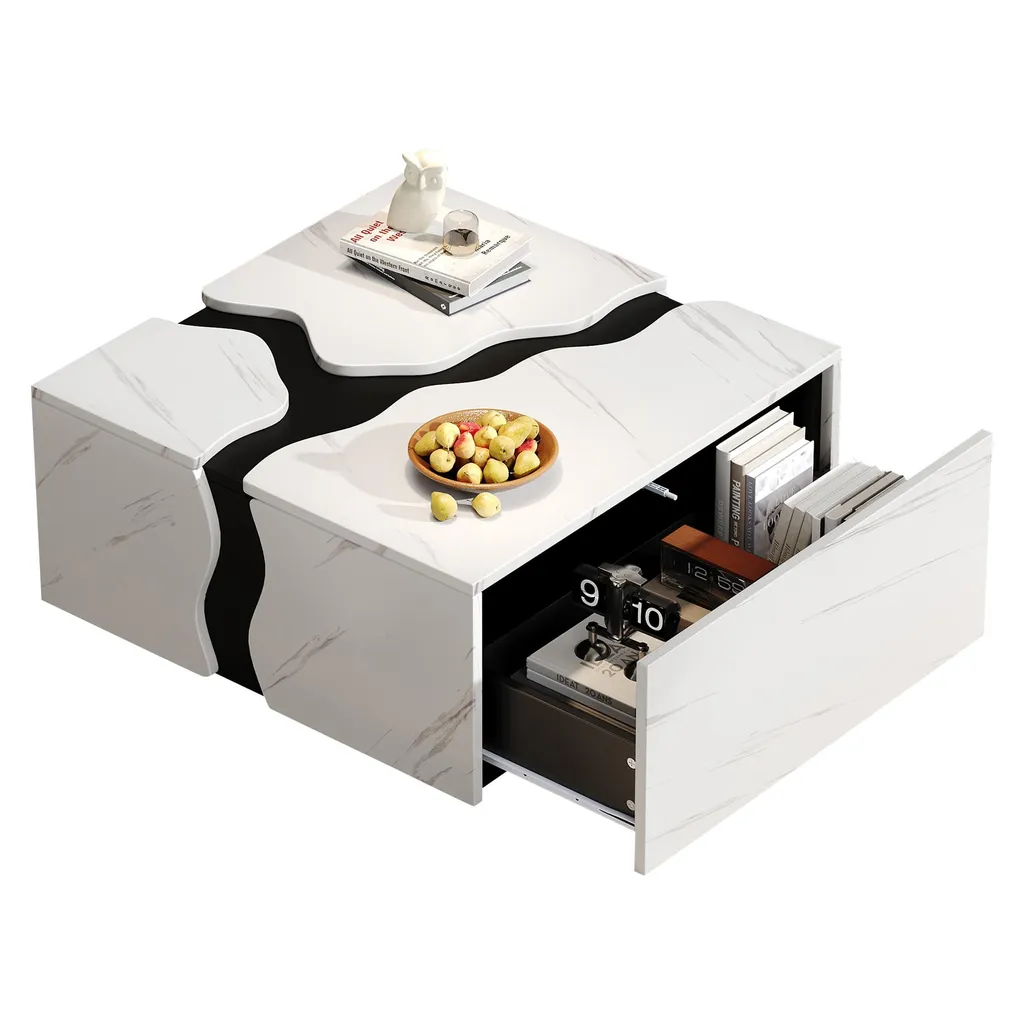 Table basse carrée 70x70 cm aspect marbre blanc avec tiroir de rangement - 10