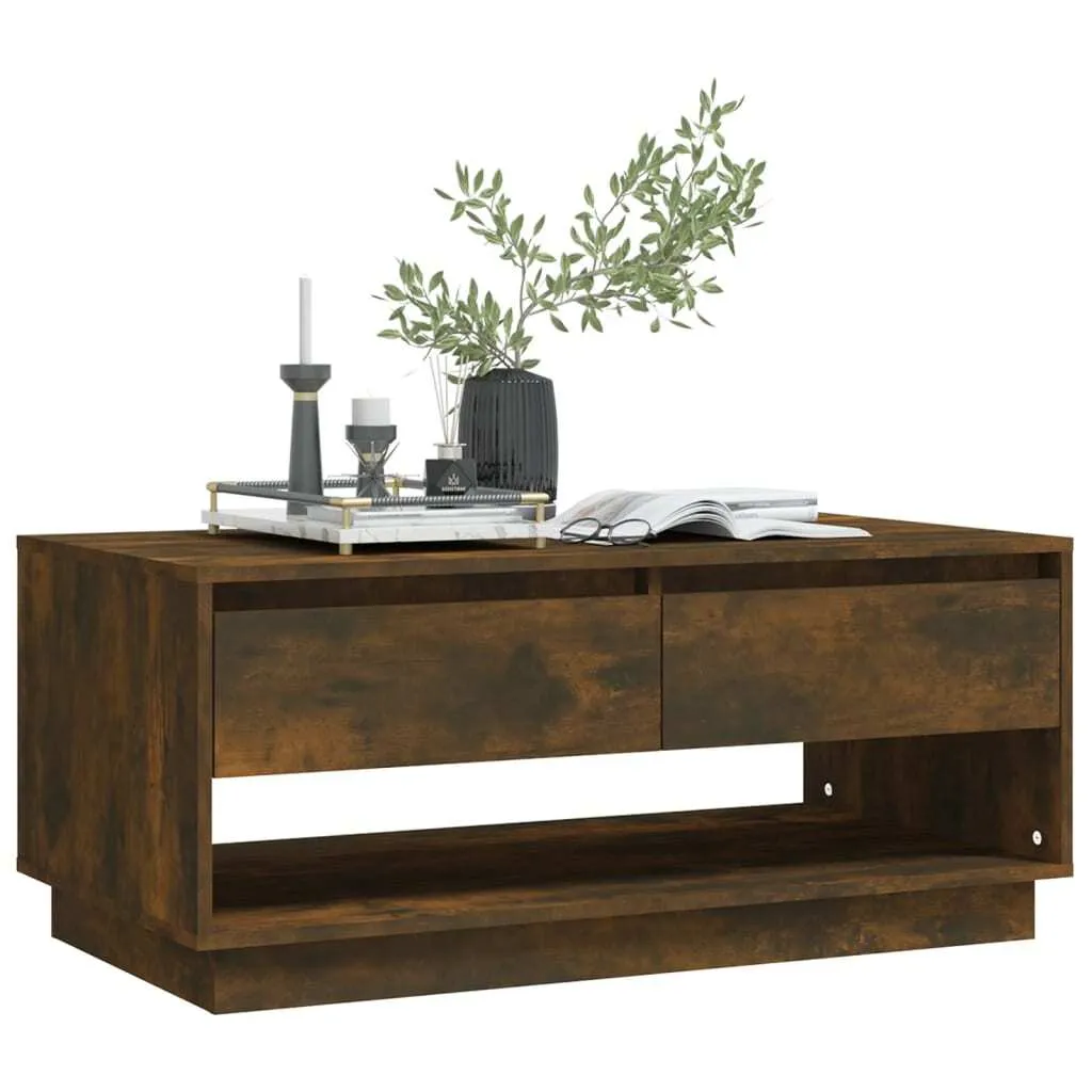 Table basse bois composite chêne fumé 102,5 cm, design double plateau