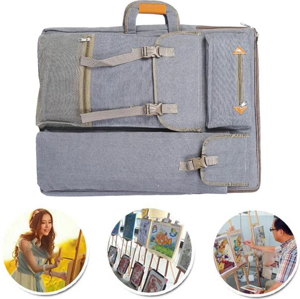 Sac à dessin étanche en toile grise avec compartiments de rangement
