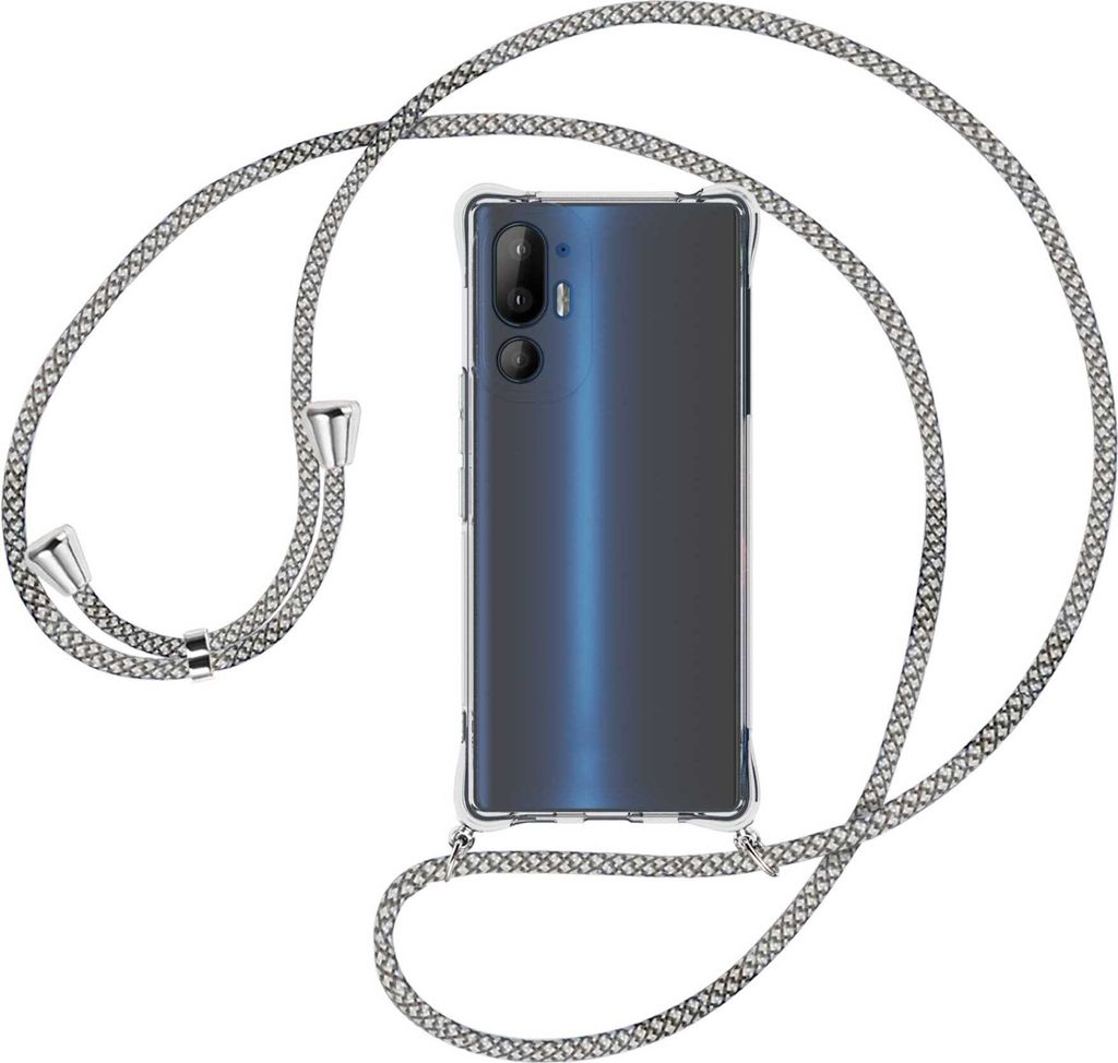 Handykette Backcover-Schutzhülle mit Band (Metall silberfarben) für HTC U24 5G/HTC U24 Pro 5G - weiß/grau kariert