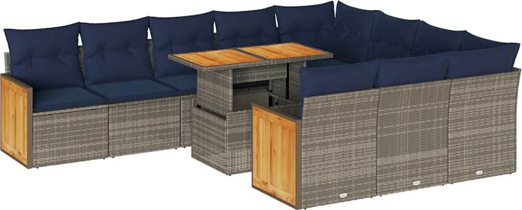 vidaXL 11-tlg. Garten-Sofagarnitur mit Kissen Grau Poly Rattan Akazie