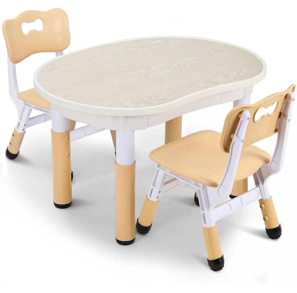 Kindertisch mit 2 Stühlen - Kindermöbel-Set - Höhenverstellbarer Spieltisch - Runder Kunststofftisch - 80x60x40–60 cm - Gelb