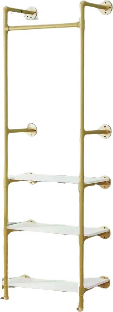 Kleiderstange Fioren – Wandmontage – Metall Kleiderständer – mit Ablagen – für Flur Schlafzimmer Wohnzimmer – Gold Weiß – 61 cm