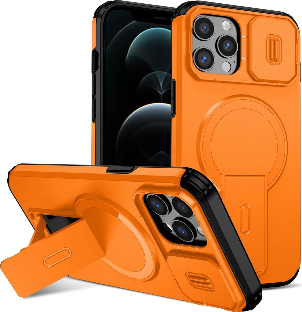 Magnetisch Hülle für iPhone 12 Pro Max, Dual Layer Stoßfest Handyhülle mit Dia Kameraschutz, Verstellbarem Ständer Orange