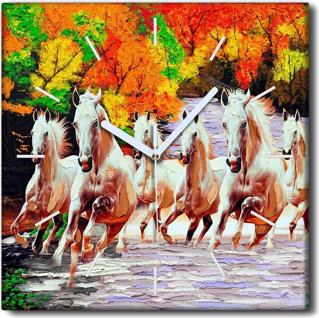 Coloray Uhr auf Leinwand 30x30 cm Wand Uhr Dekoration Wohnzimmer Segeltuch weiße Zeiger -Herbstpferdebäume