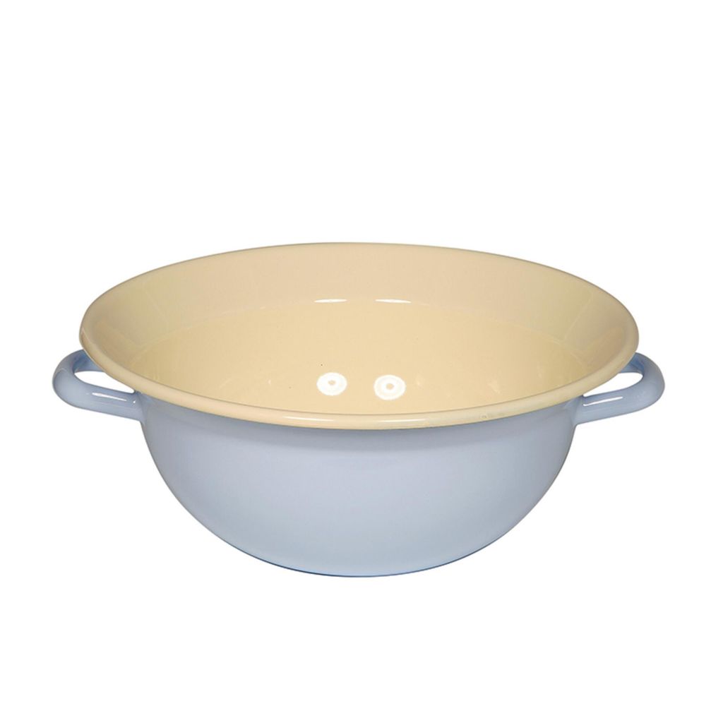 A light blue and cream colored enamel bowl with handles, shown against a white background.