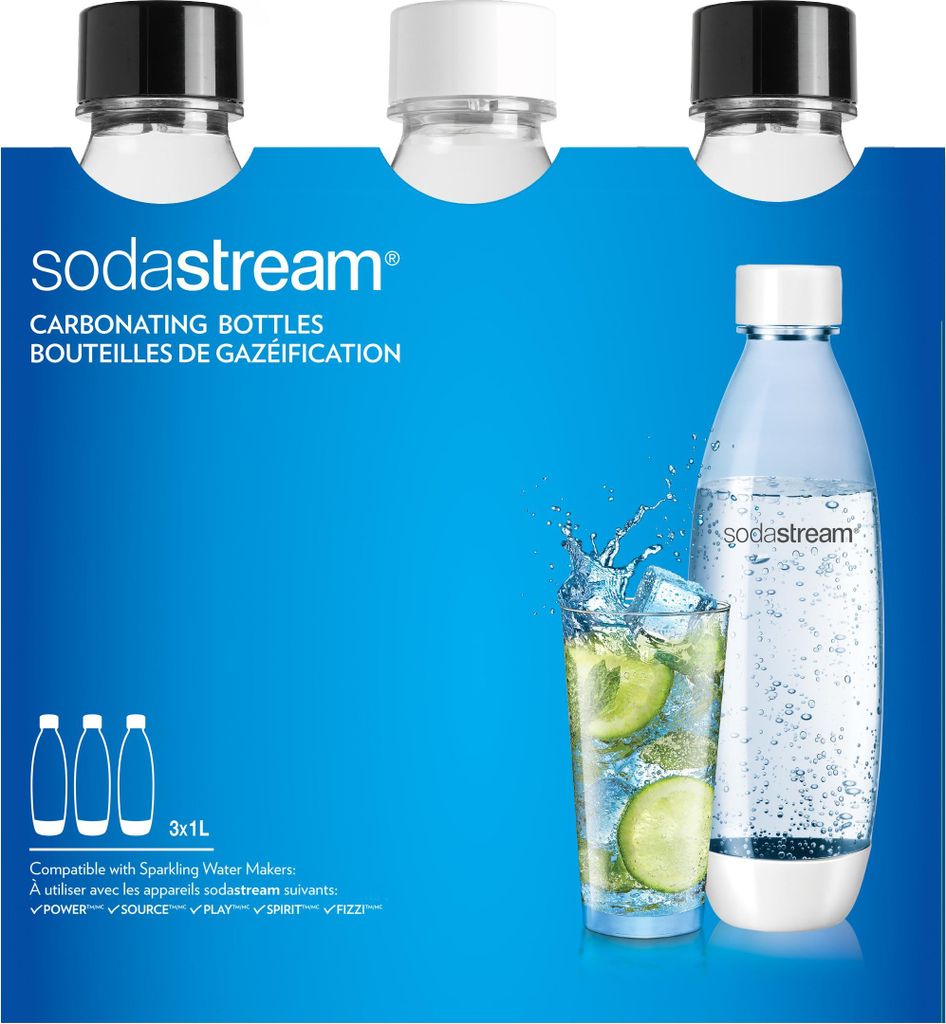 A marketing image for SodaStream carbonating bottles, showing the bottles and a glass of sparkling water.