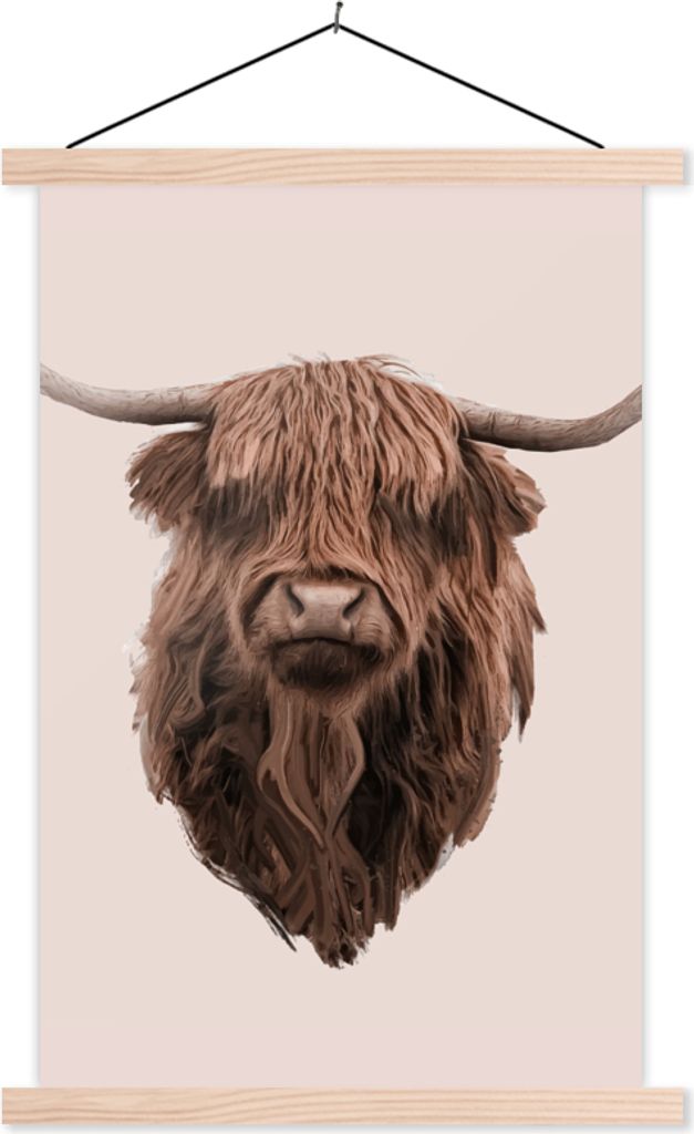 MuchoWow Textilposter Kopf - Schottisches Hochlandrind - Illustration 120x180 cm mit holzfarbenen Rahmen - Textil-Plakat