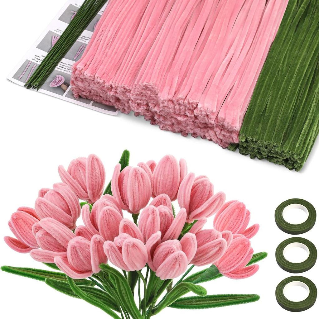400stk Pfeifenreiniger Blumenstrau?, Pfeifenreiniger Blumen Set Pfeifenputzer zum Basteln mit 30cm Lang Pfeifenreiniger Rosa Grš¹n, Pipe Cleaner ...