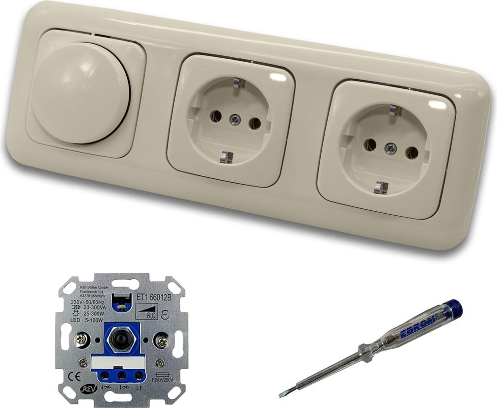 REV Ritter LED Drehdimmer Dimmer + Busch Jäger Dimmerscheibe 2115-212 und 2 x Steckdose Kinderschutz 20EUCKS-212 in DURO2000 cremeweiß glänzend ...