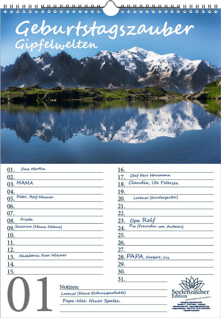 Geburtstagsplaner Geburtstagskalender Gipfelzauber DIN A3 Kalender Berge und Gipfel - Seelenzauber