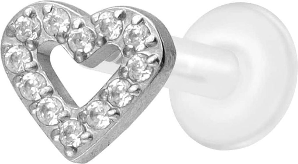 Ohrpiercing, Nasenpiercing PTFE Labret mit Innengewinde + Titan-Aufsatz KRISTALLHERZ Silber Stablänge: 8mm | Stabstärke: 1,6mm