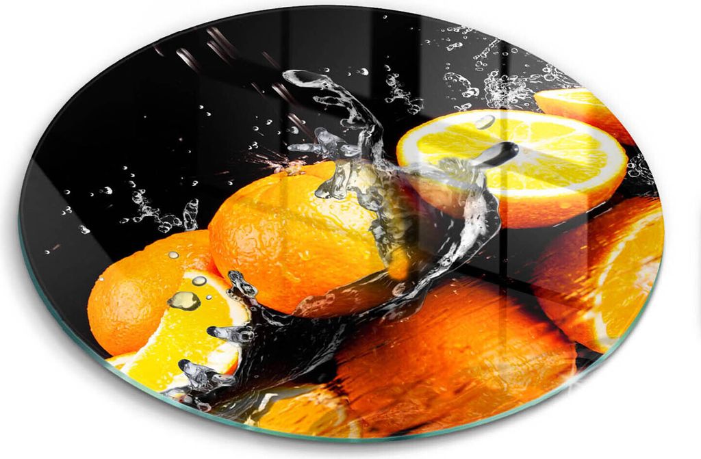 Glasschneideplatte - Herdabdeckplatte - fi40 cm -Schneidebrett - Spritzschutz - Saftige Früchte Orangen