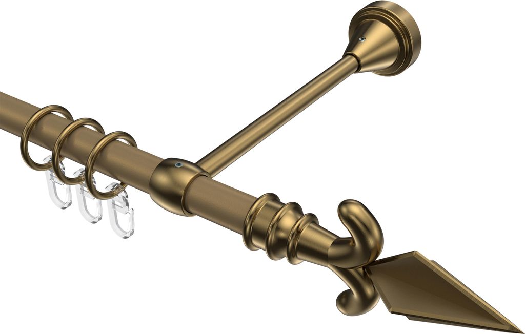Interdeco Gardinenstange / Vorhangstange Gold matt / Messing Antik, Typ Primus Matteo (Pfeil), 16 mm Ø 1-läufig, 420 cm