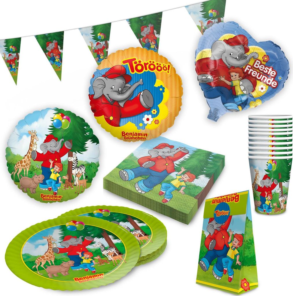 Benjamin Blümchen Partyset 61-tlg – Teller, Becher, Servietten, Ballons & Tüten