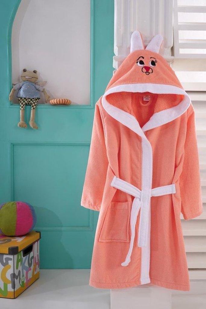 Sns Kinderbademantel mit Kapuze Hasen-Design Baumwolle Orange Weiß 1-2 Jahre