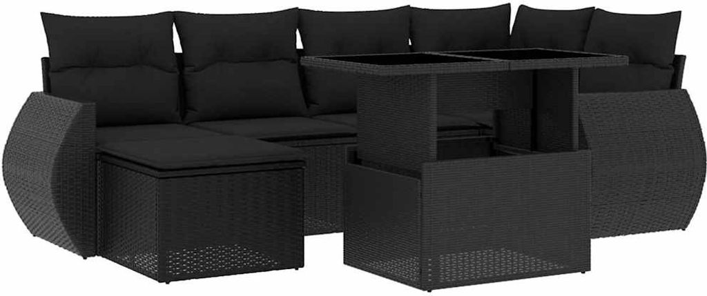vidaXL 7-tlg. Garten-Sofagarnitur mit Kissen Schwarz Poly Rattan