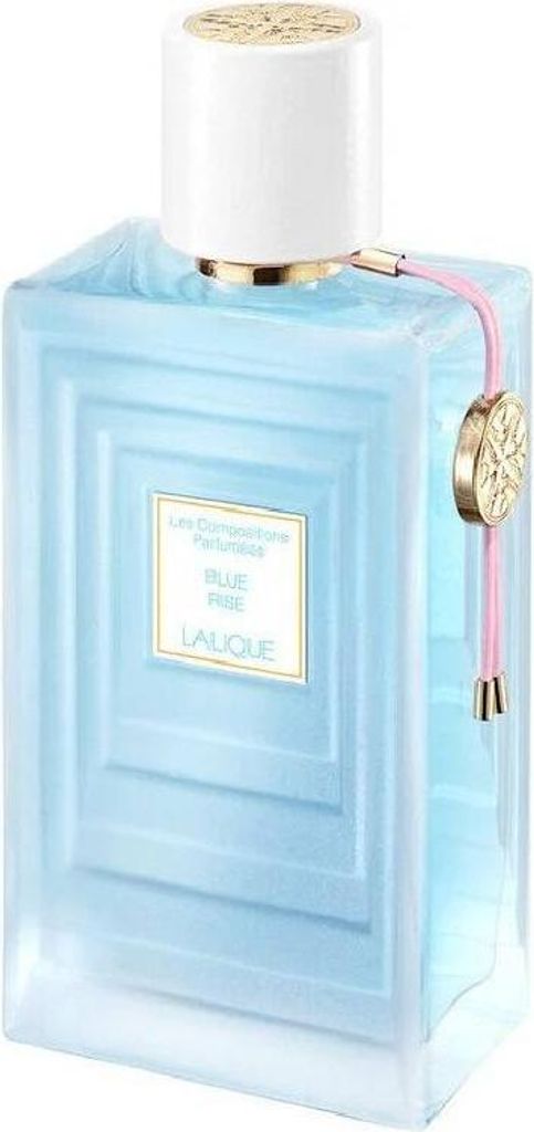 A bottle of Lalique Blue Rise Eau de Parfum for women.